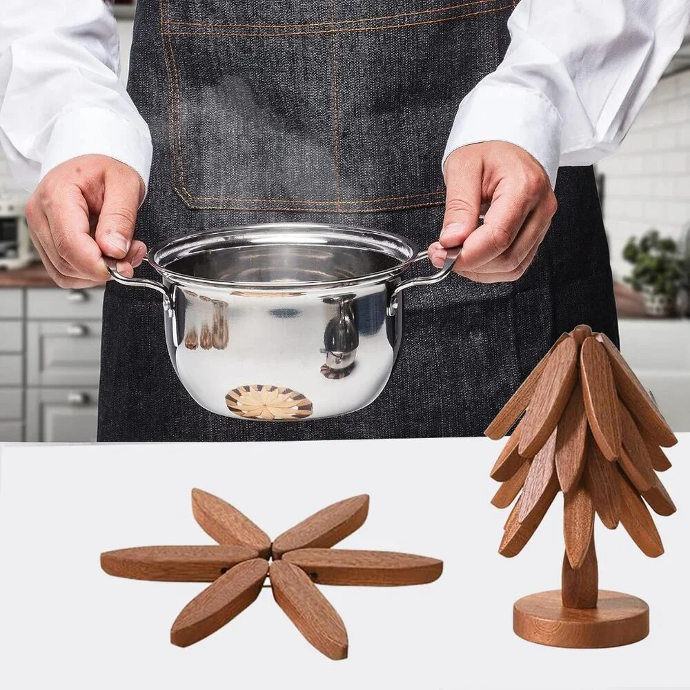 Wooden Trivets for Hot Dishes-Tree Shape Trivet Set, 4 Walnut Wood + 1 Stand sto